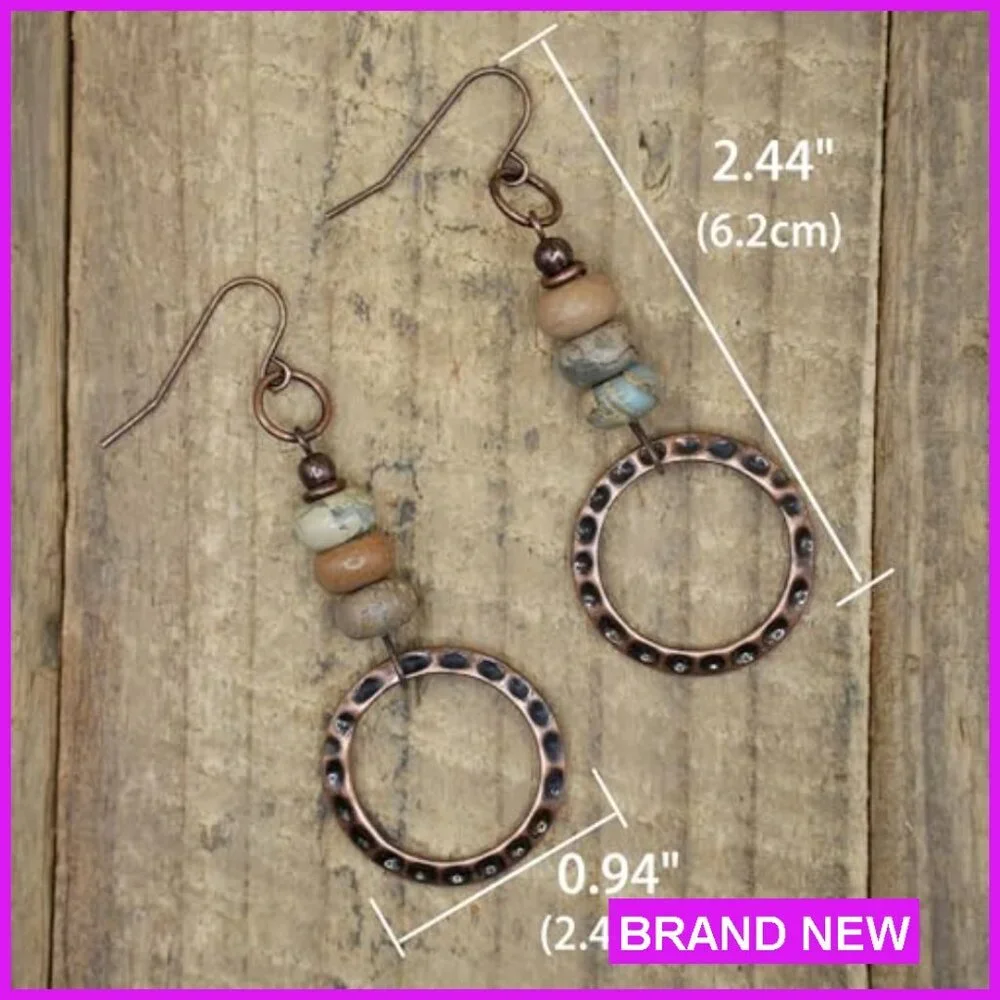 Boho Hammered Copper Drop Earrings with Gemstone Beads Handmade Jewelry